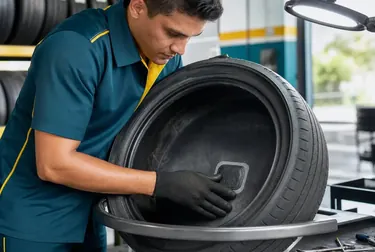 Mecânico consertando pneu em borracharia.