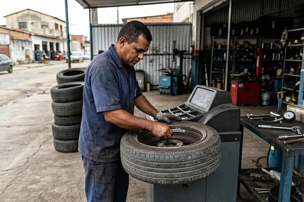 Mecânico fazendo balanceamento de rodas.